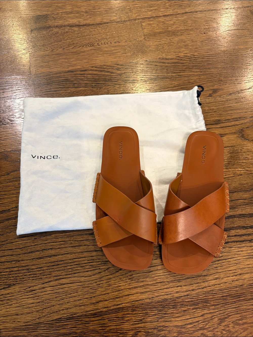 Vince Cognac Leather Crisscross Slide Sandals, 6.5